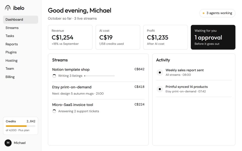 The ibelo dashboard: income streams, recent agent activity and approvals waiting for you.